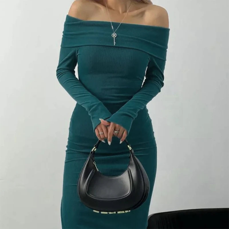 Robe longue femme moulante à col Bardot et manches longues