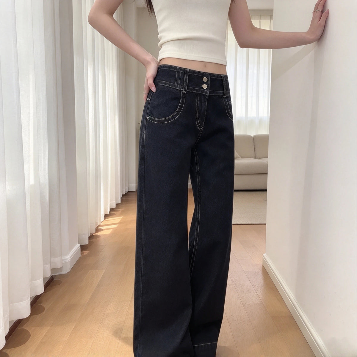Jean Large Taille Basse Femme – Denim Rétro Américain