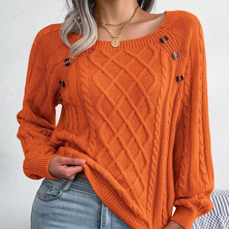 Pull Torsadé Femme – Col Carré Boutonné