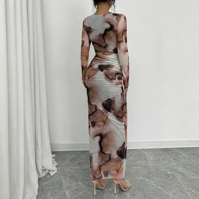 Robe longue femme moulante en maille transparente