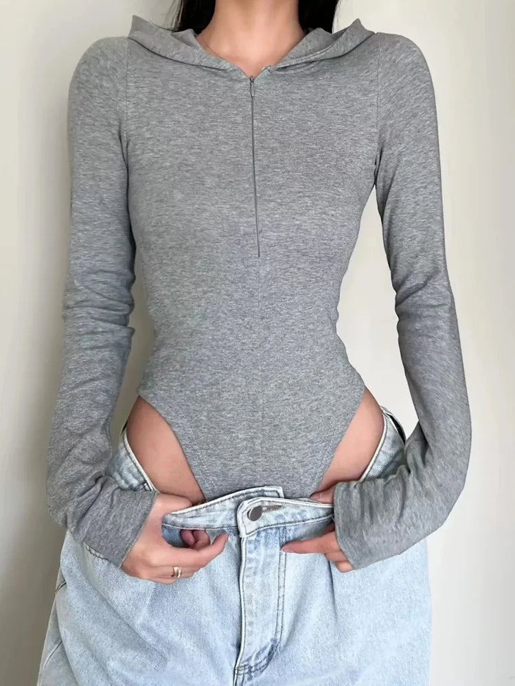 Body Zippé à Capuche et Manches Longues – Style Décontracté