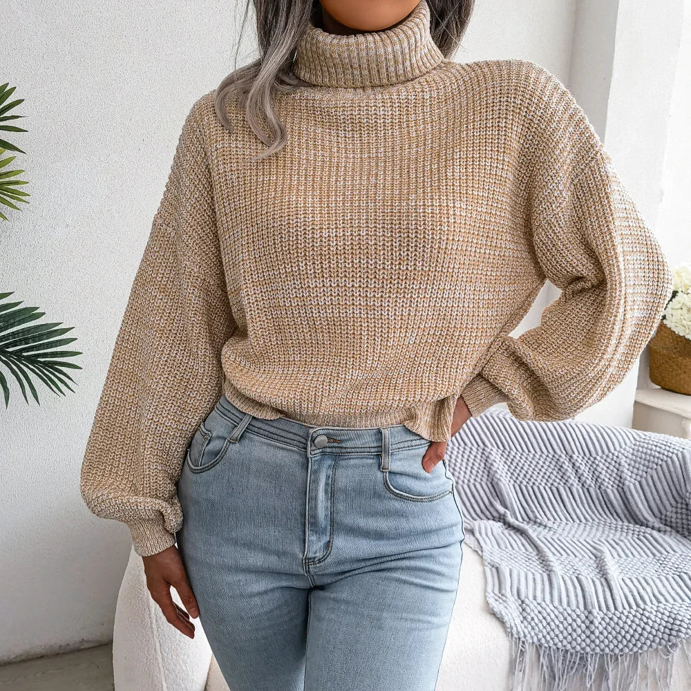 Pull Côtelé Femme – Col Roulé et Manches Lanterne