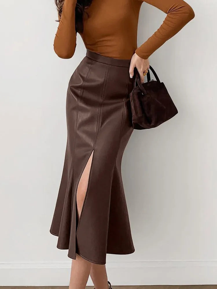Jupe Midi Femme Effet Cuir à Coupe Sirène