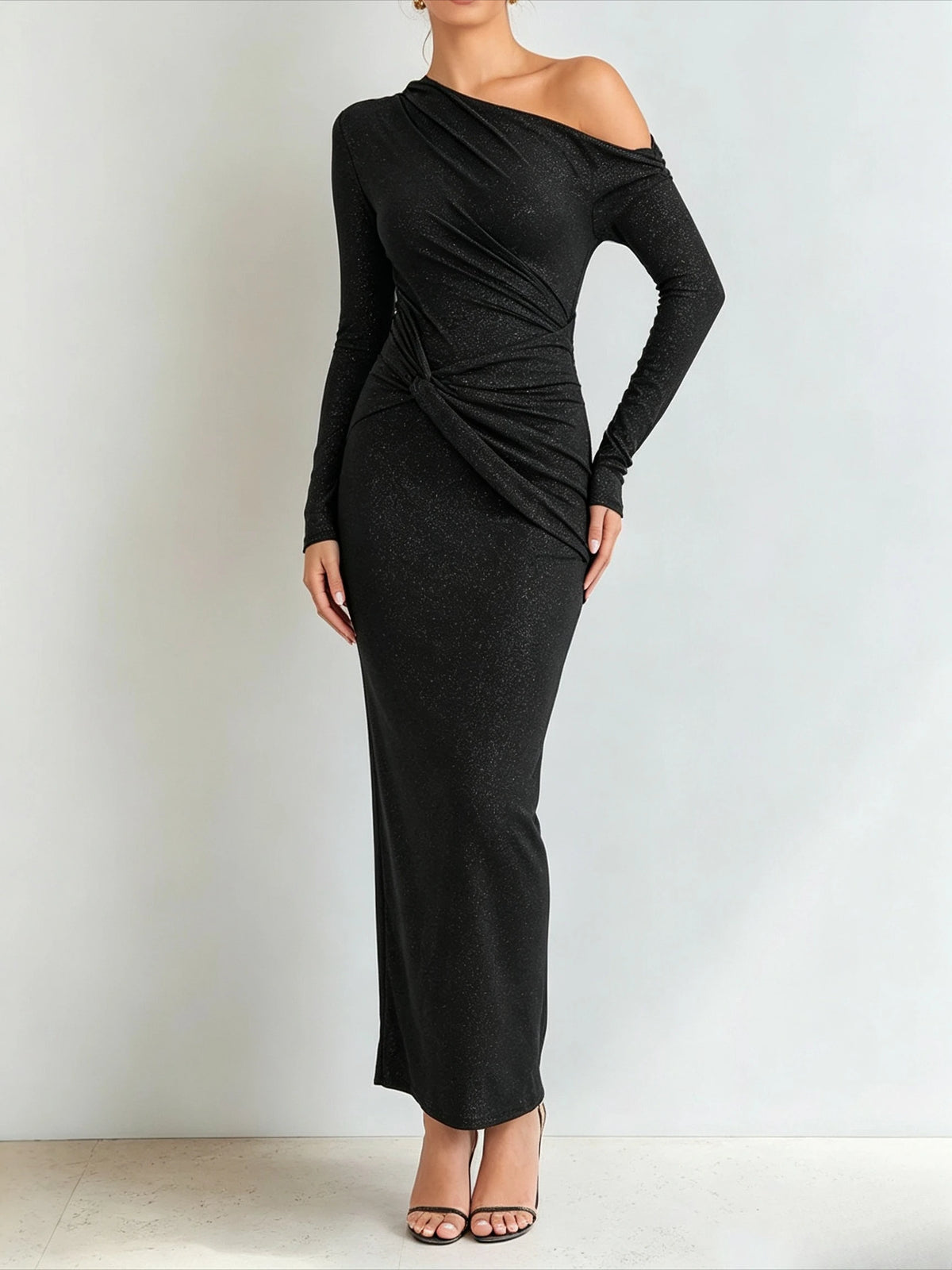 Robe Midi Scintillante Femme – Manches Longues et Épaules Dénudées