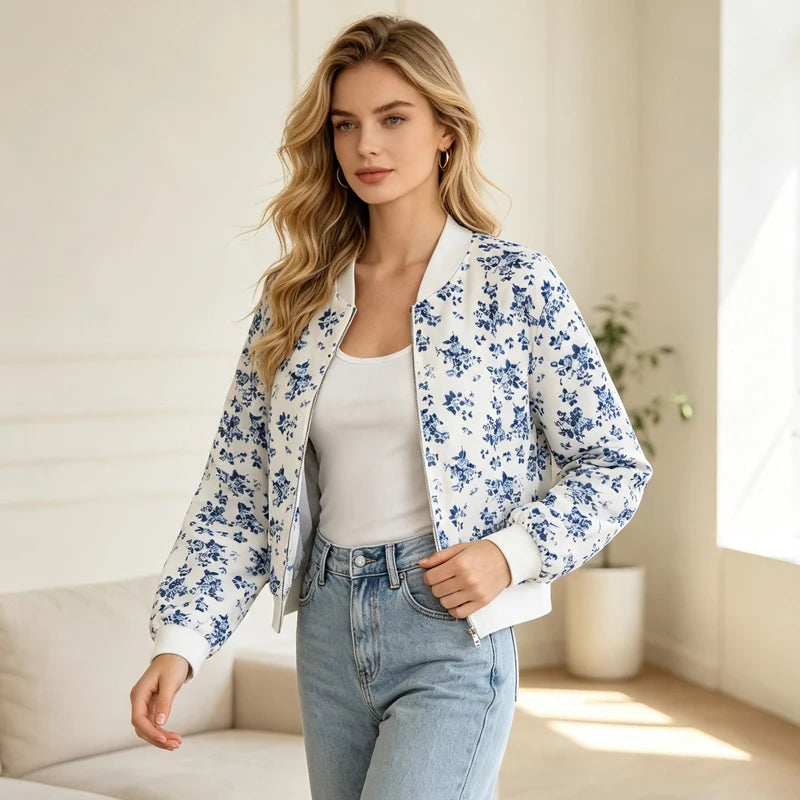 Bomber Vintage Bleu Femme – Imprimé Floral