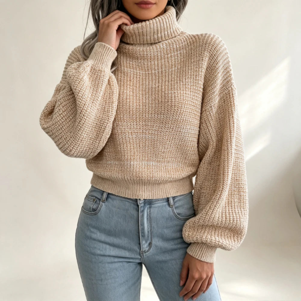 Pull Côtelé Femme – Col Roulé et Manches Lanterne