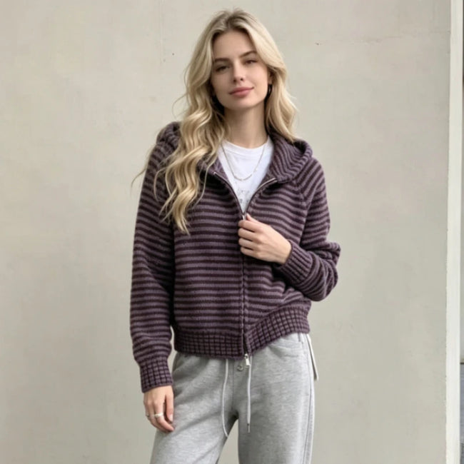 Cardigan Zippé à Capuche Femme – Maille Rayée