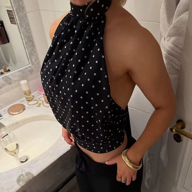 Débardeur court femme noir à pois et dos nu