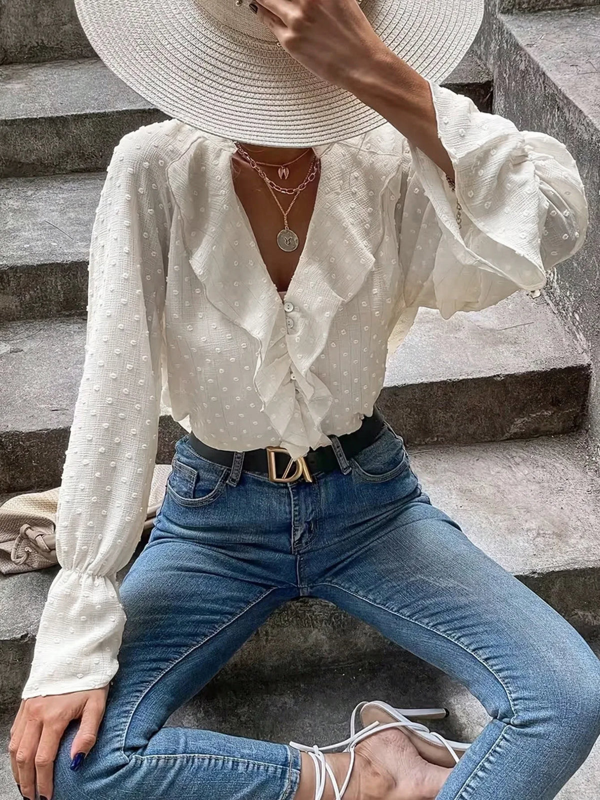 Chemisier en Mousseline Femme – Pois Suisses et Volants