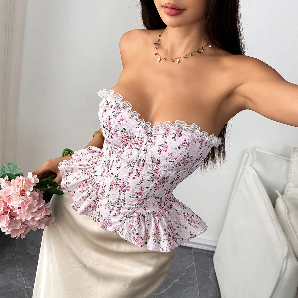 Débardeur Corset Femme – Dentelle Imprimée Sans Bretelles