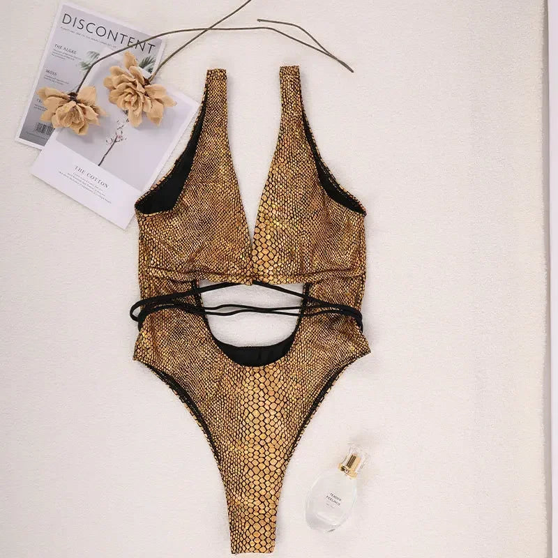 Maillot de Bain 1 Pièce Femme – Noir Imprimé Serpent