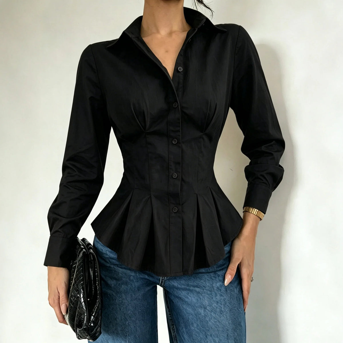 Chemise Ajustée Femme – Manches Longues et Taille Plissée