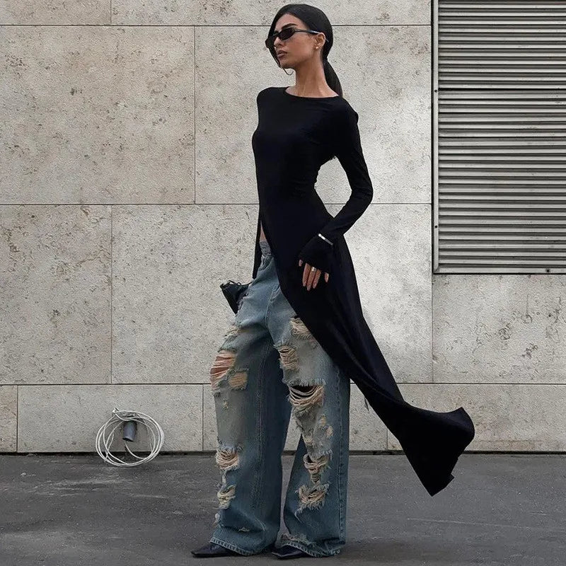 Haut Long Femme Noir Asymétrique à Fente Haute
