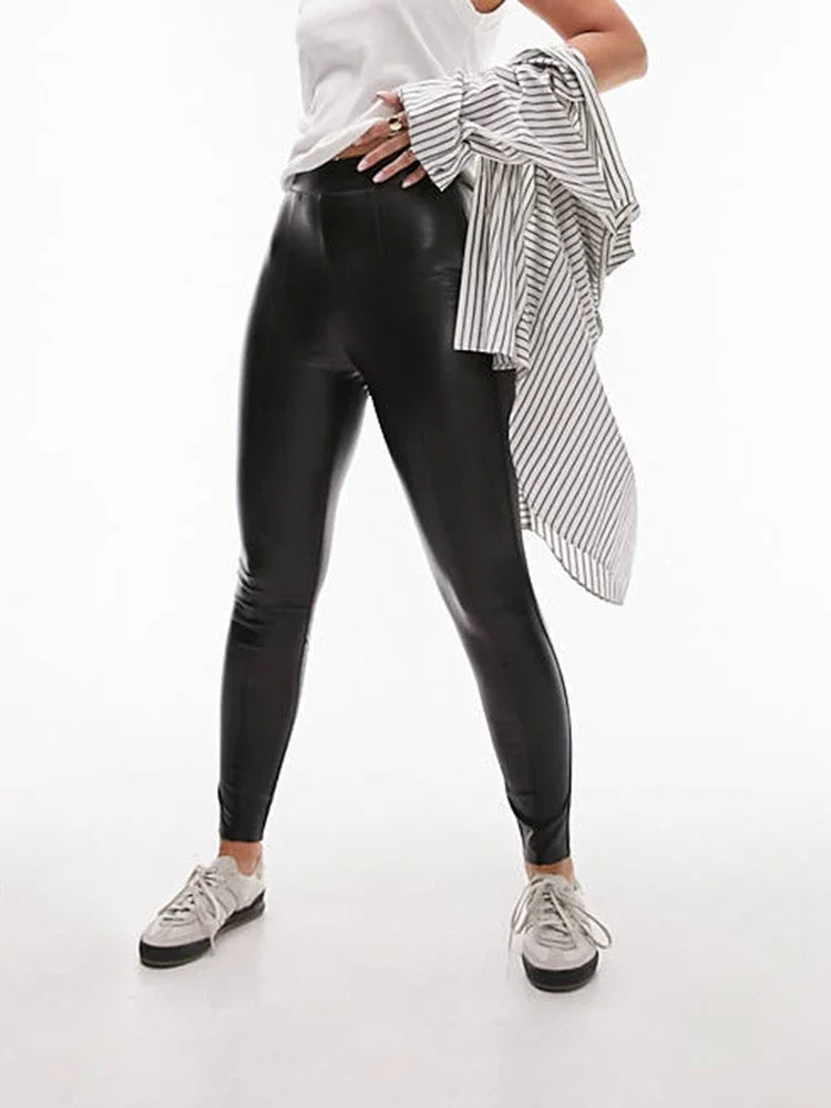 Pantalon Cheville Taille Haute en Similicuir Mat