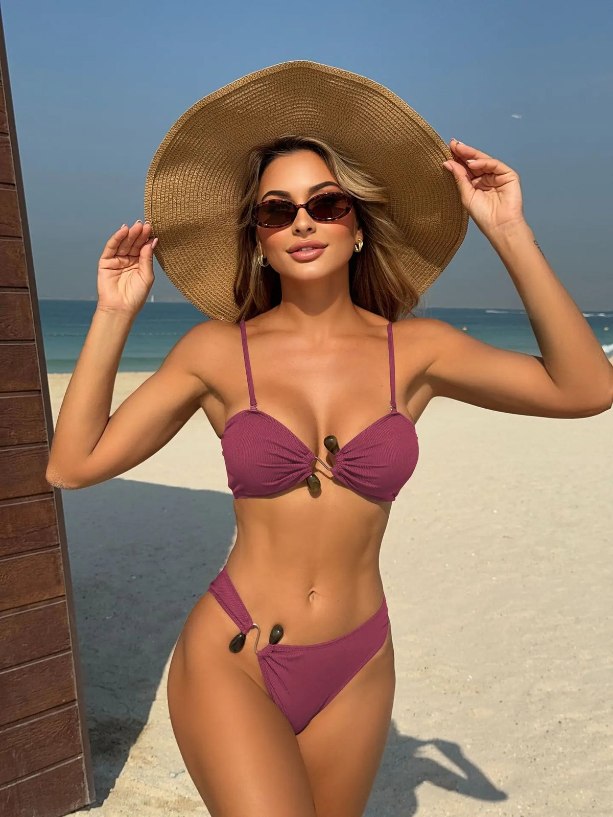 Bikini Deux Pièces à Anneau et Tissu Côtelé