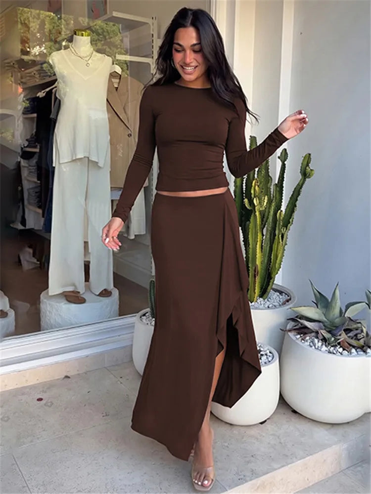 Ensemble Femme 2 Pièces Marron avec Jupe Asymétrique