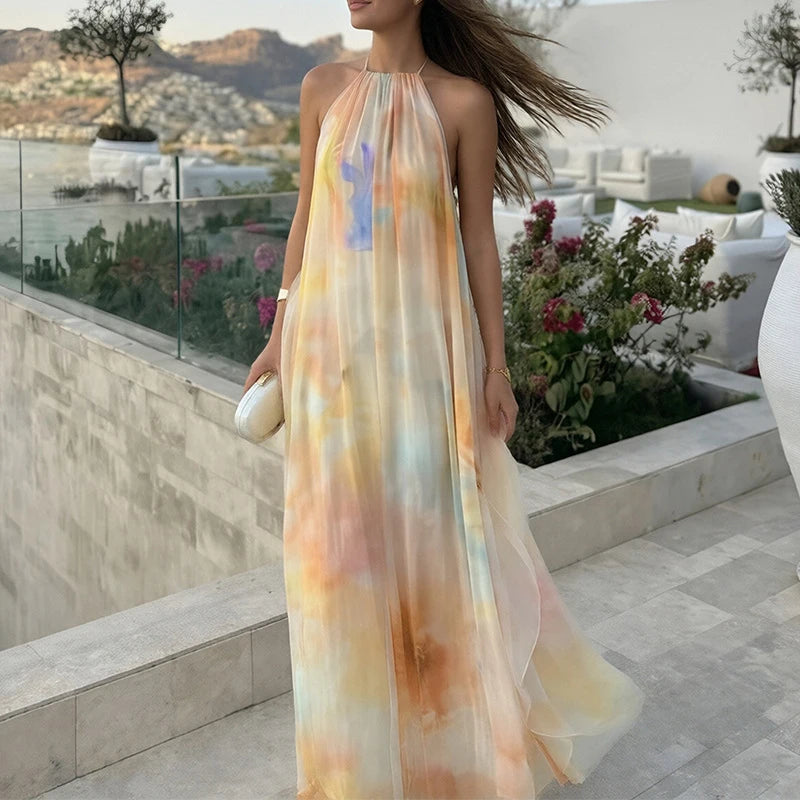 Robe longue tie-dye en maille froncée pour femme