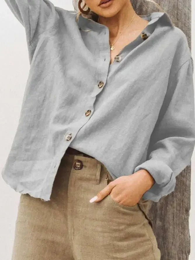 Chemise en Lin Femme – Col Rabattu et Manches Longues
