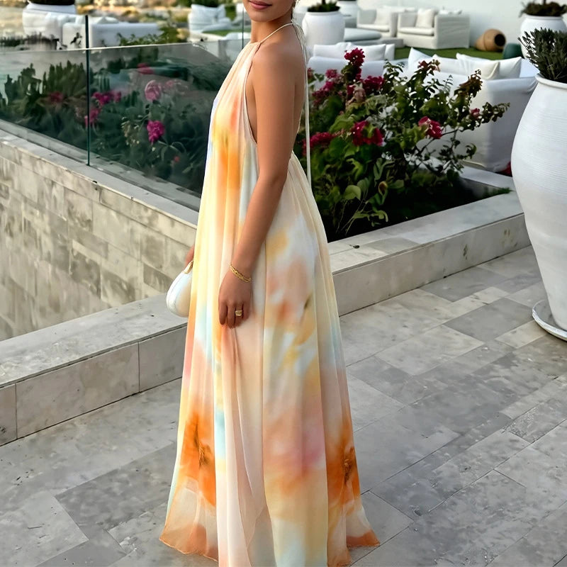 Robe longue tie-dye en maille froncée pour femme