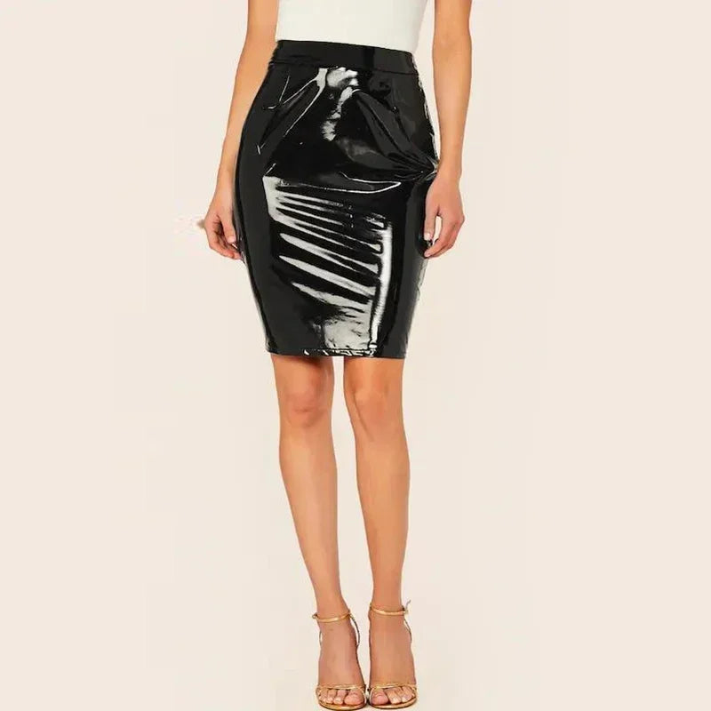 Jupe Crayon Taille Haute en Similicuir Brillant