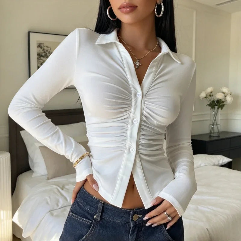 Chemisier Court Femme – Col V et Manches Froncées