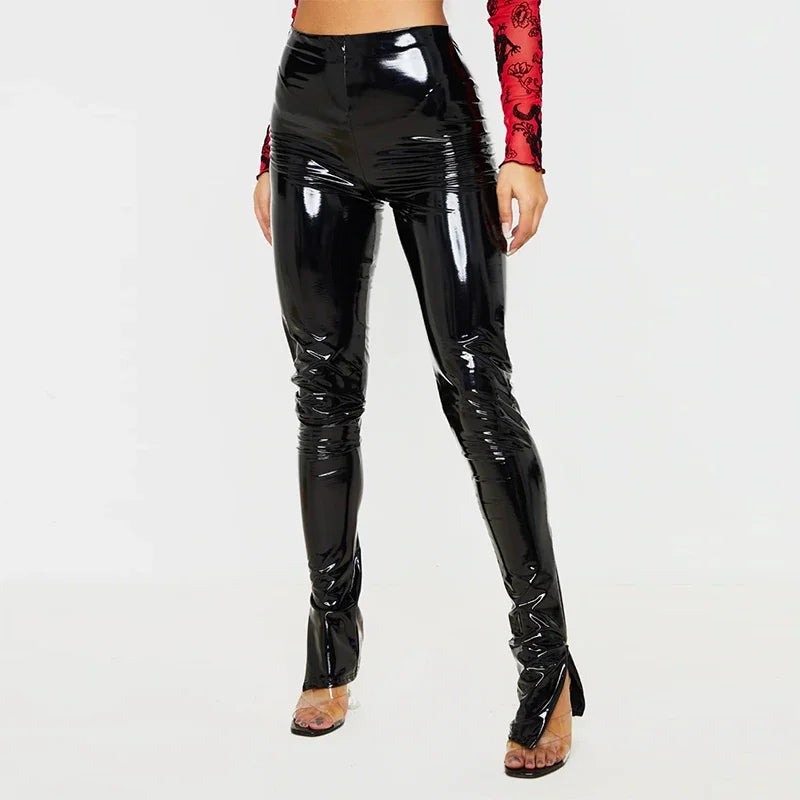 Pantalon Slim en Similicuir Verni à Fentes Latérales