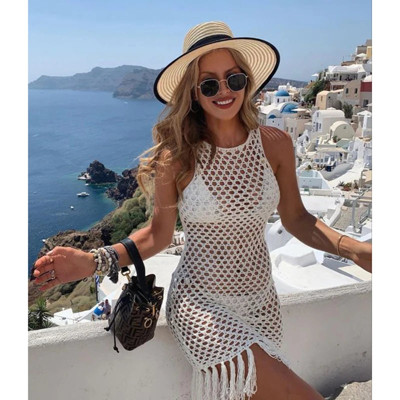 Robe de Plage Femme – Crochet Blanc et Franges