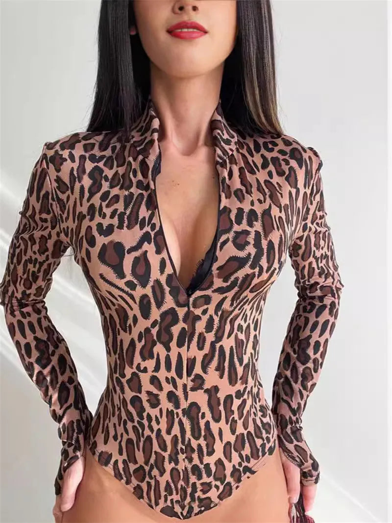 Body Léopard Zippé à Col Montant – Style Audacieux
