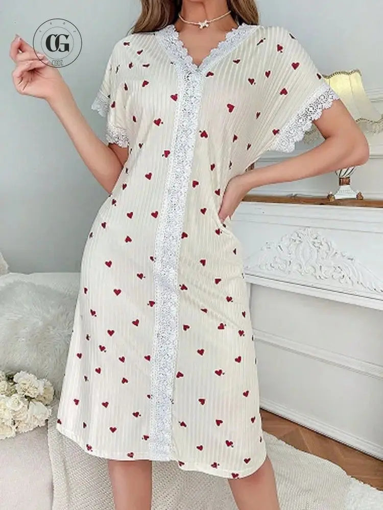 Chemise de Nuit Fluide Femme – Imprimée à Manches Courtes