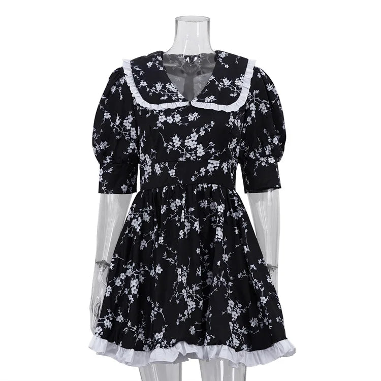 Robe d’Été Noire Femme – Imprimé et Col Claudine