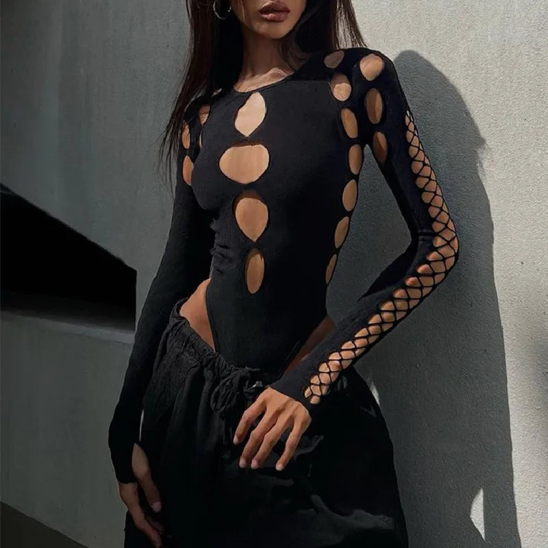 Body femme uni ajouré à taille haute