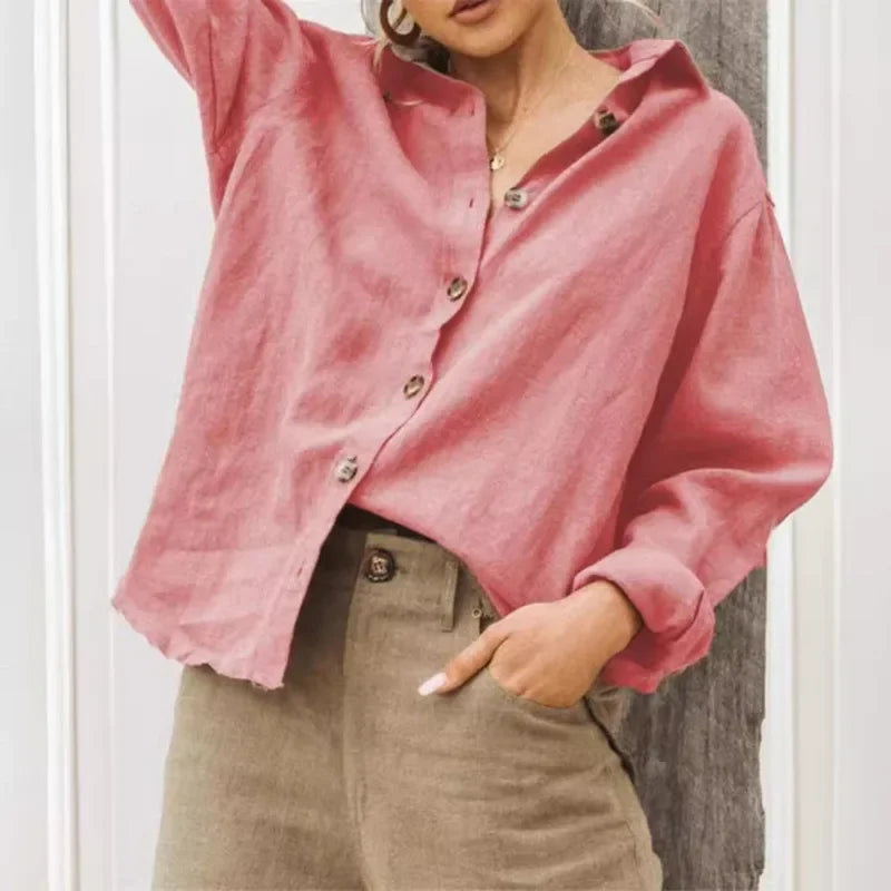 Chemise en Lin Femme – Col Rabattu et Manches Longues