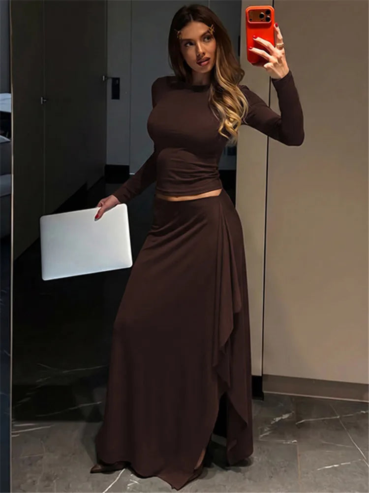 Ensemble Femme 2 Pièces Marron avec Jupe Asymétrique