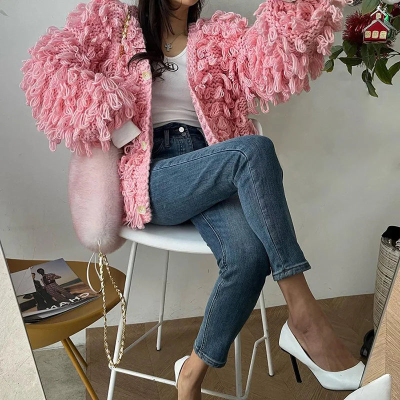 Cardigan femme en maille à boutons et franges
