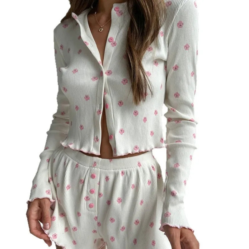 Pyjama Fleuri Femme – Haut Côtelé Manches Longues et Short