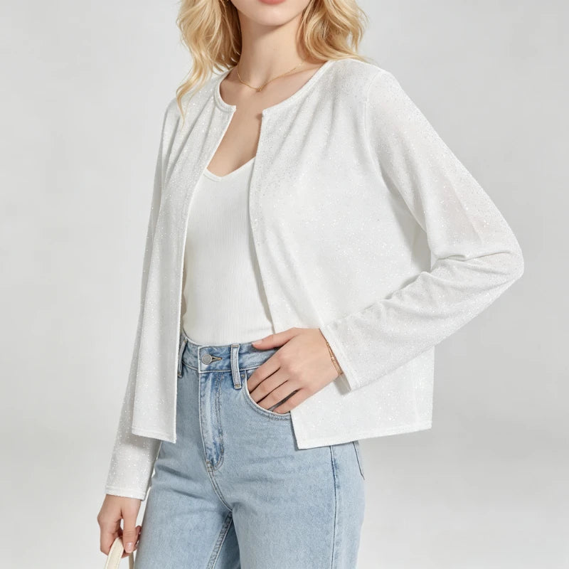 Cardigan Court Scintillant Femme – Col Rond et Manches Longues