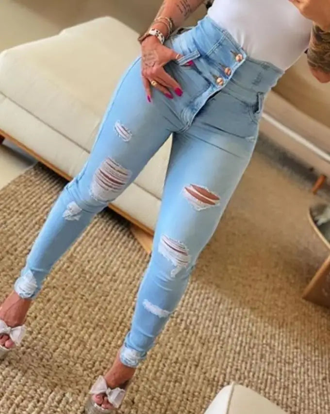 Jean Déchiré Femme – Taille Haute et Coupe Décontractée