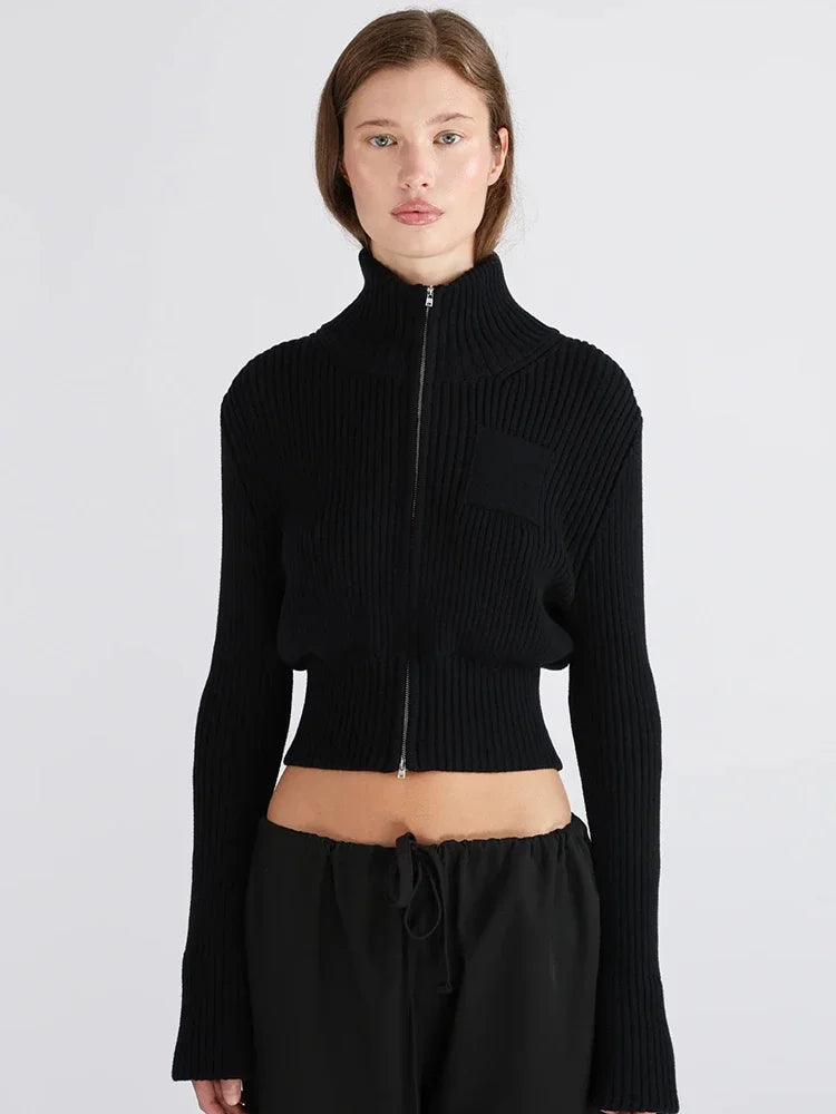 Cardigan Femme – Maille, Col Roulé Zippé et Manches Longues