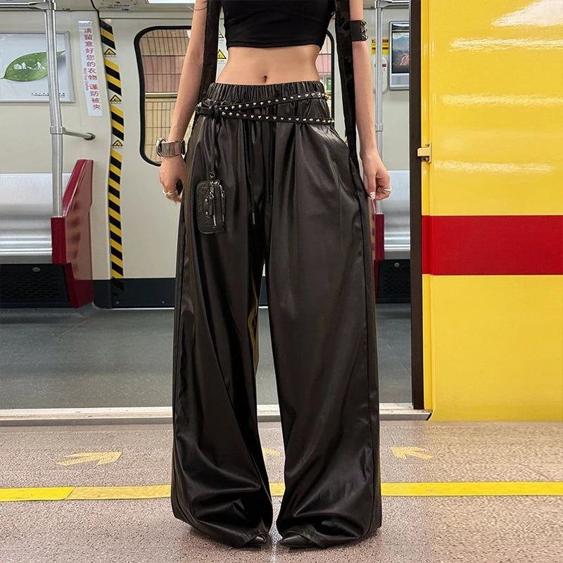 Pantalon large femme en simili cuir PU à taille élastique