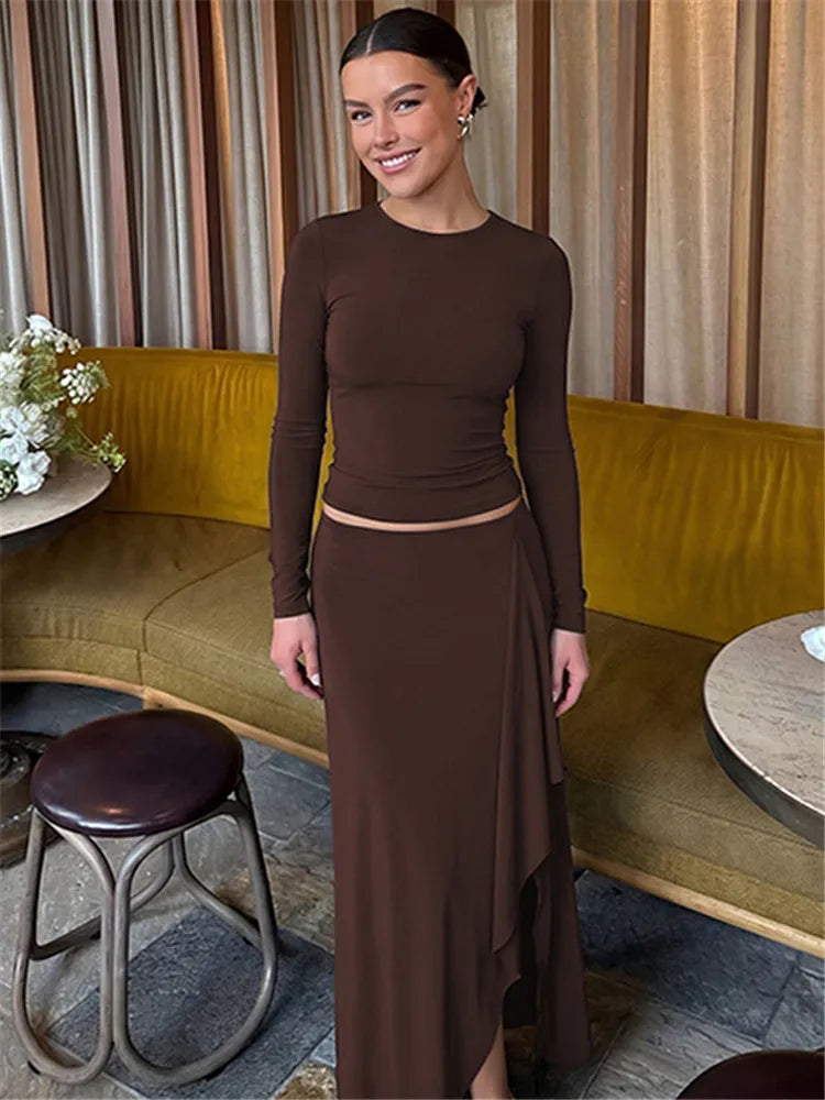 Ensemble Femme 2 Pièces Marron avec Jupe Asymétrique