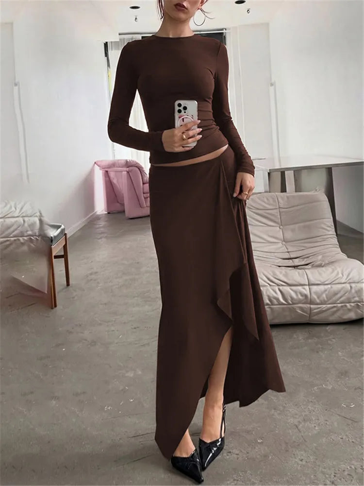 Ensemble Femme 2 Pièces Marron avec Jupe Asymétrique