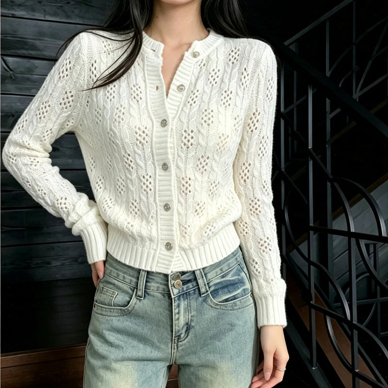 Cardigan Court Ajouré Femme – Style Coréen