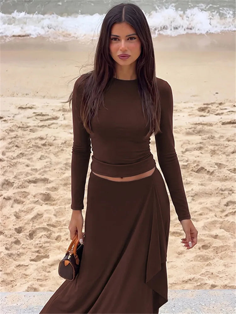 Ensemble Femme 2 Pièces Marron avec Jupe Asymétrique
