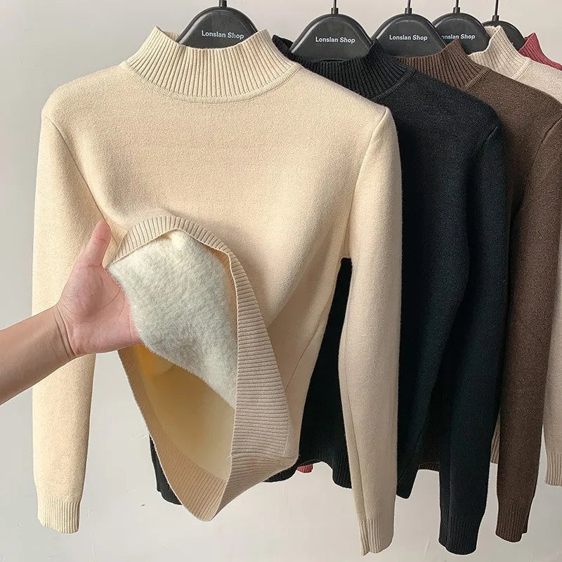 Pull à Col Montant Femme – Maille Doublée Polaire