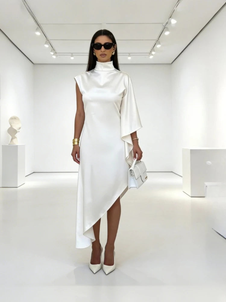 Robe Longue en Satin Uni Femme – Col Montant
