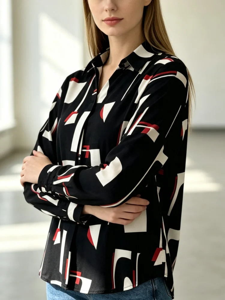 Chemisier Imprimé Femme – Col V et Manches Longues