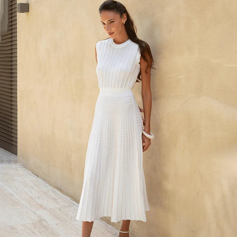 Robe Longue Femme – Maille Unie et Plissée