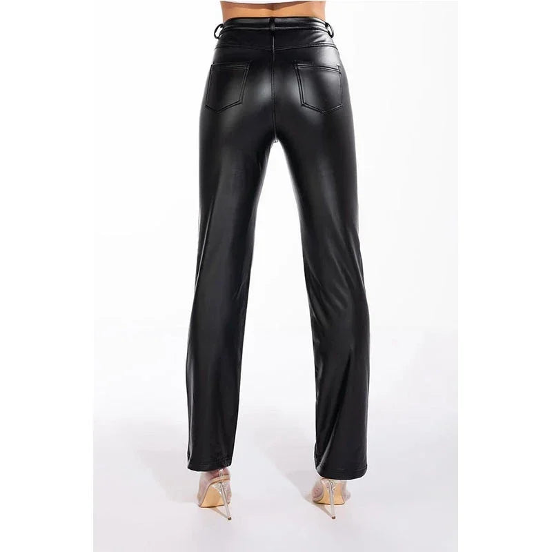 Pantalon Droit Taille Haute en Similicuir avec Poches