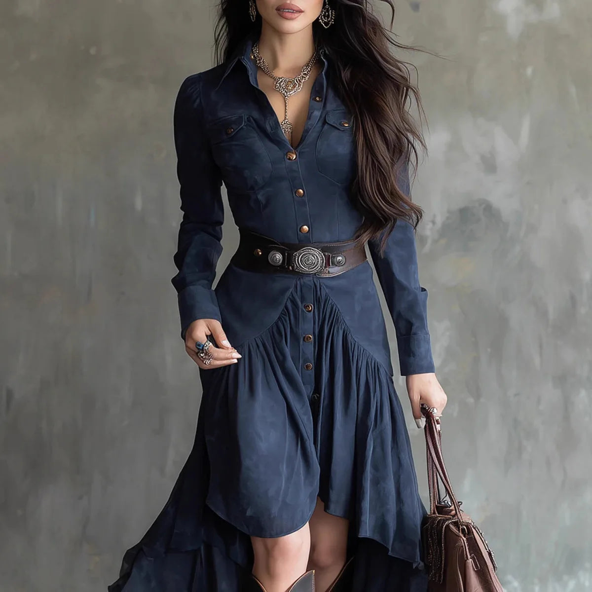 Robe de Soirée Longue Femme – Effet Daim et Ceinture