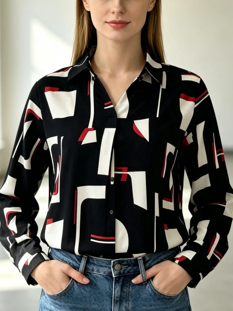 Chemisier Imprimé Femme – Col V et Manches Longues